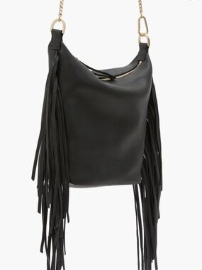 AllSaints Evaline Black Leather Fringe Shoulder Bag with Gold Hardware